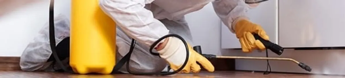 Roach exterminator treating cracks and crevices along kitchen baseboards in Irvine, CA